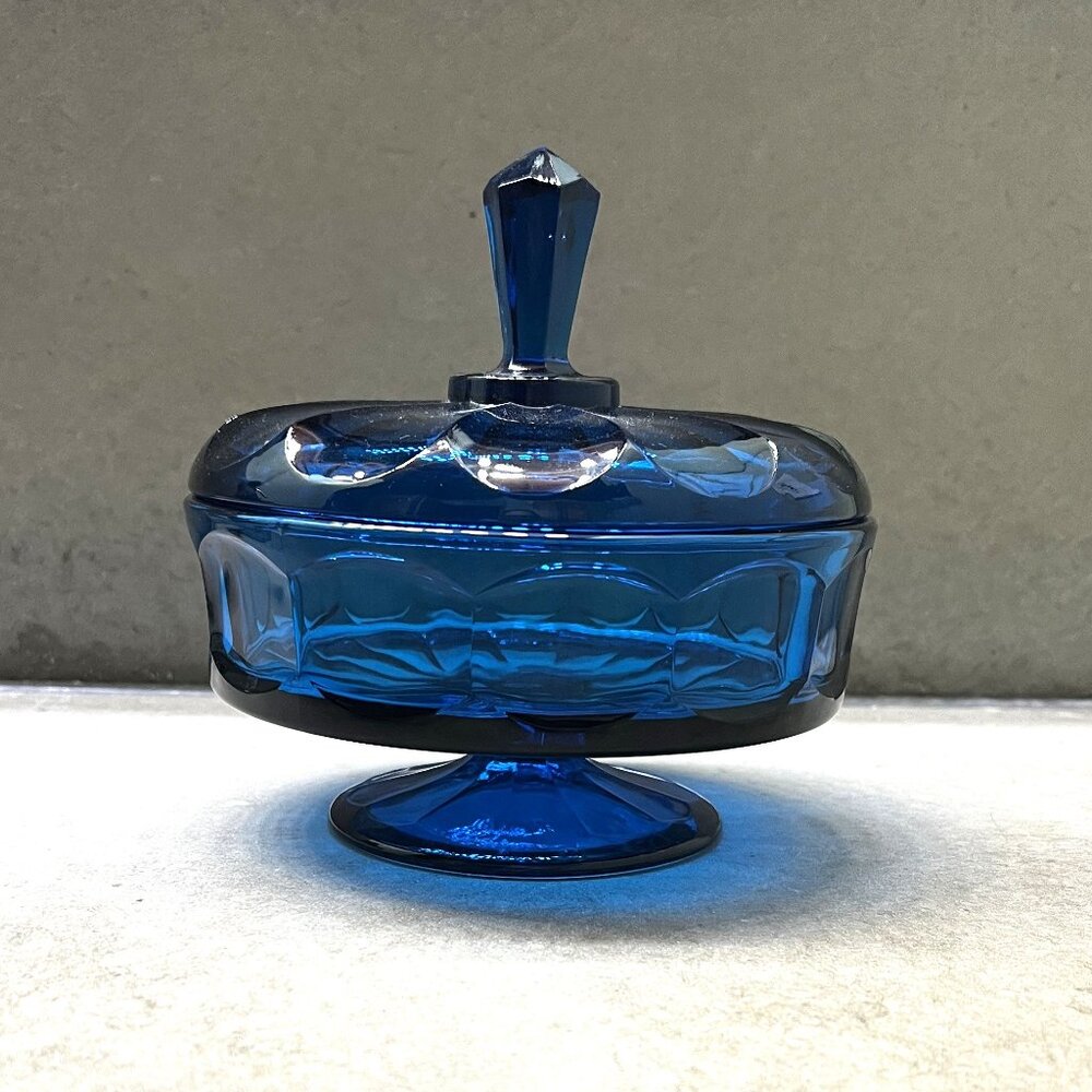 Vintage Cobalt Blue Candy/Nut Dish with Lid on Pedestal